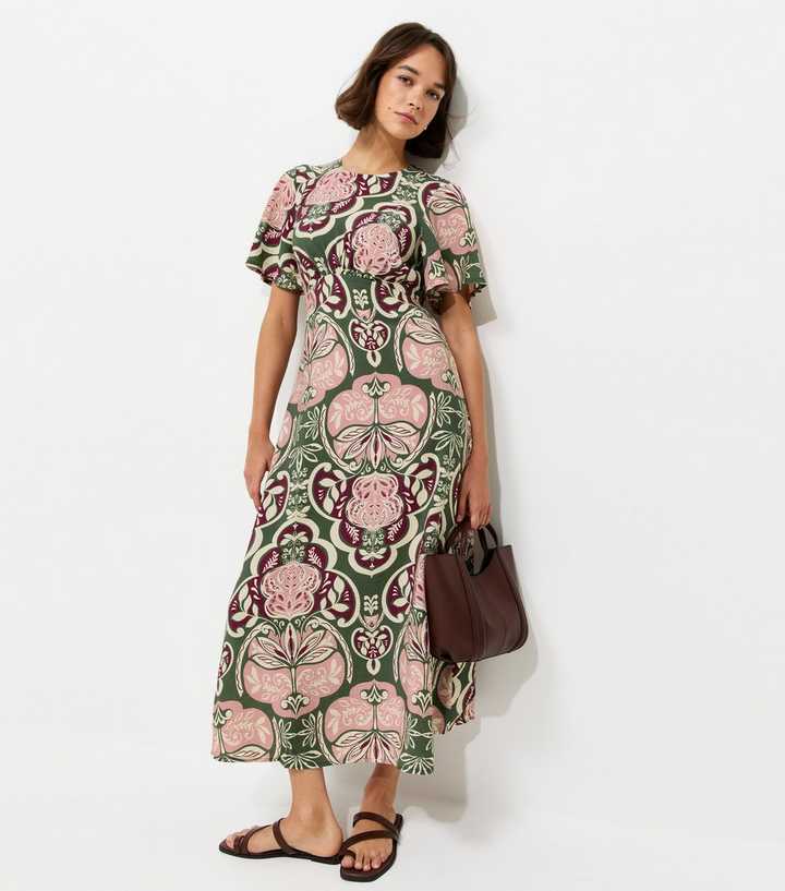 Green Floral Angel Sleeve Midi Dress