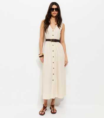 Stone Sleeveless Button Through Midi Dress