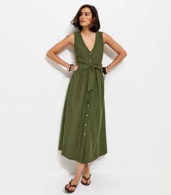 Dark Khaki Sleeveless Button Through Midi Dress
