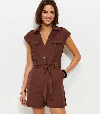 Dark Brown Utility Short Sleeve Playsuit