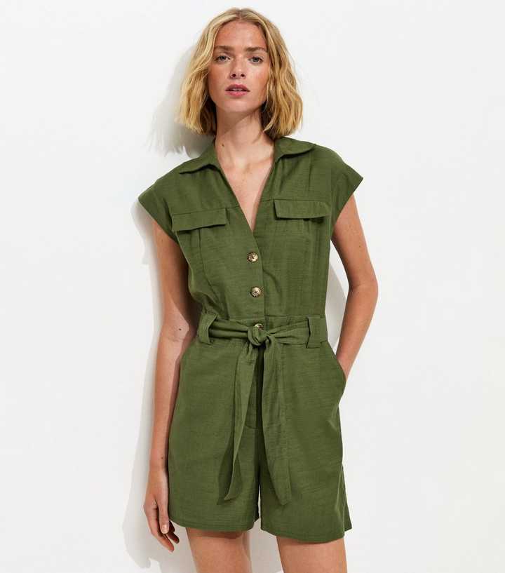 Khaki Utility Short Sleeve Playsuit