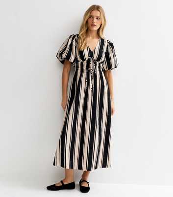 Black Striped Puff Sleeve Midi Dress