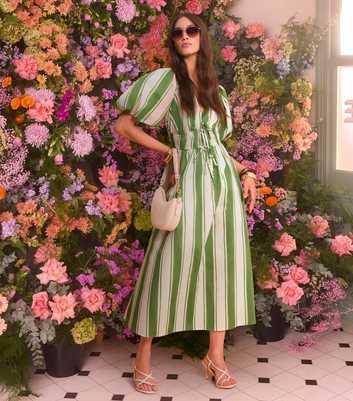Green Striped Puff Sleeve Midi Dress