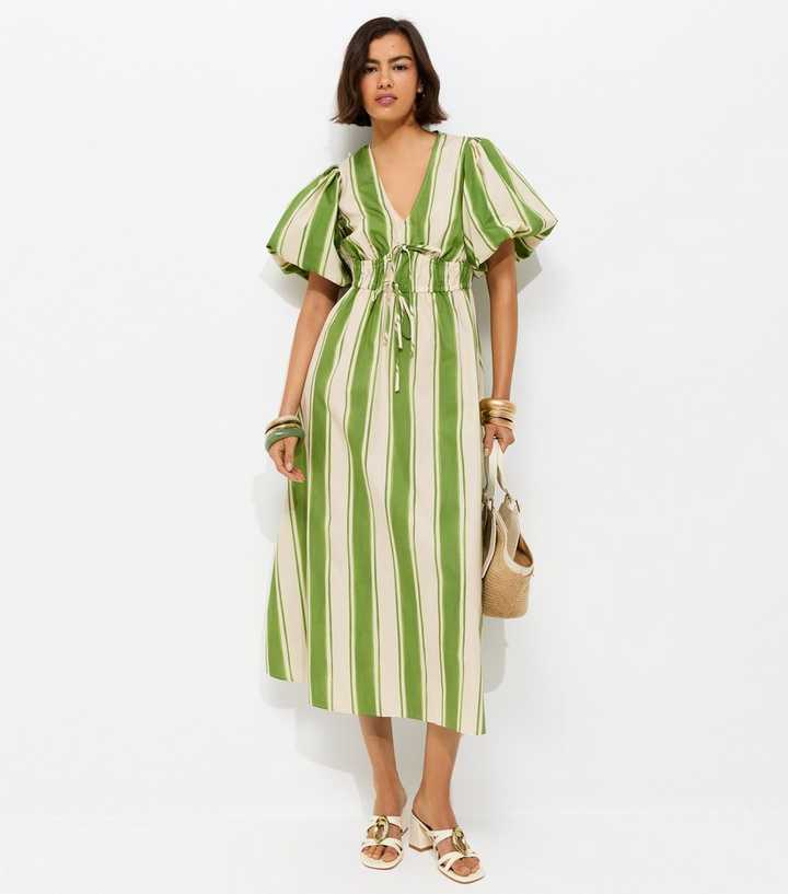 Green Striped Puff Sleeve Midi Dress