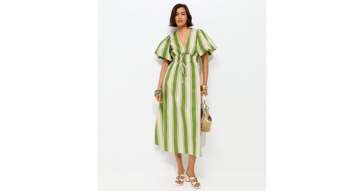 Green Striped Puff Sleeve Midi Dress | New Look Green Striped Puff Sleeve Midi Dress | New Look