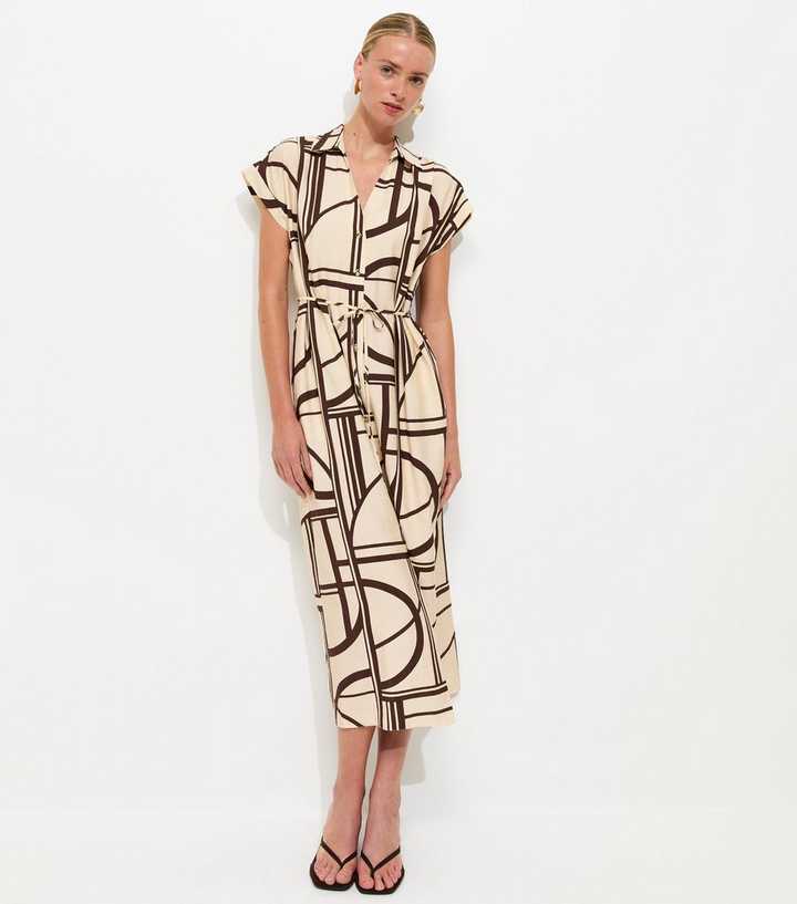 Cream Abstract Print Short Sleeve Midi Shirt Dress
