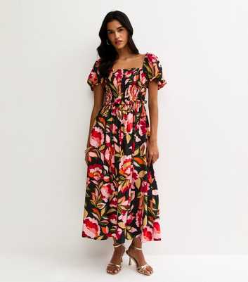 Black Floral Print Shirred Milkmaid Midi Dress