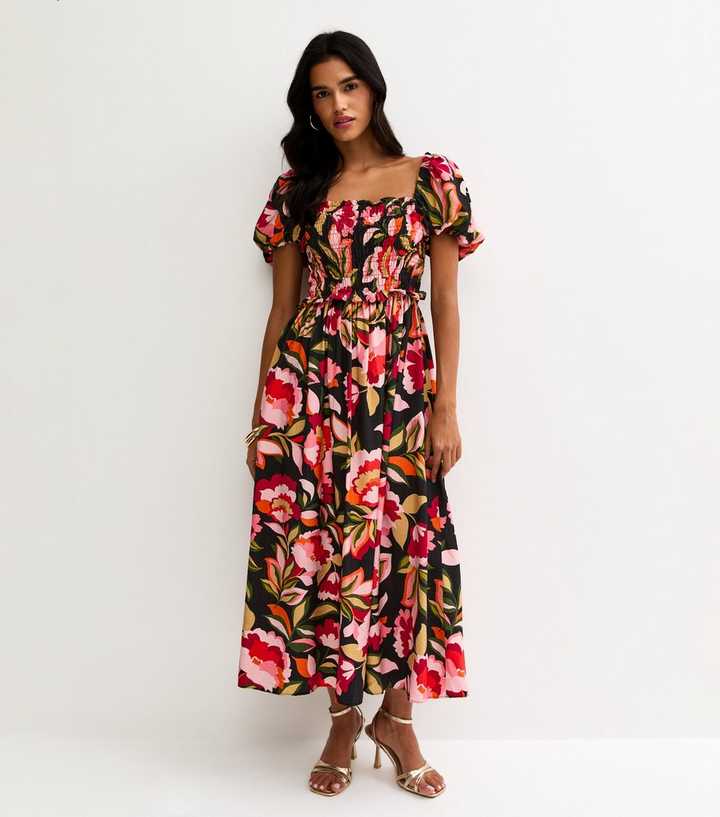 Black Floral Print Shirred Milkmaid Midi Dress