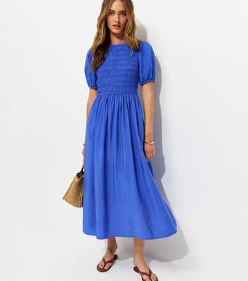 Bright Blue Shirred Body Short Sleeve Midi Dress