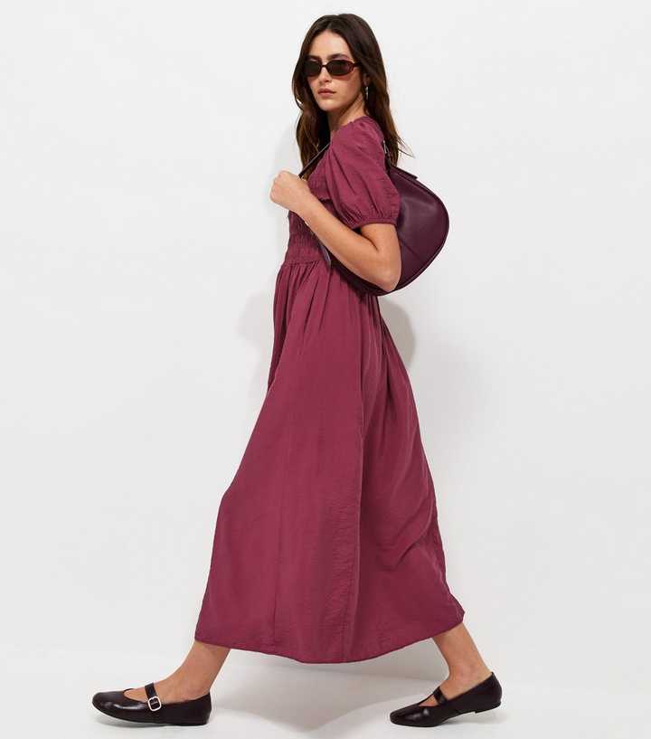 Dark Burgundy Shirred Body Short Sleeve Midi Dress