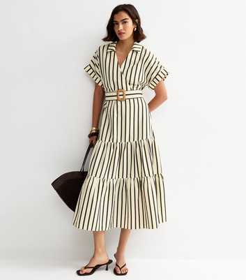 Cream Stripe Shirt Raffia Buckle Midi Dress