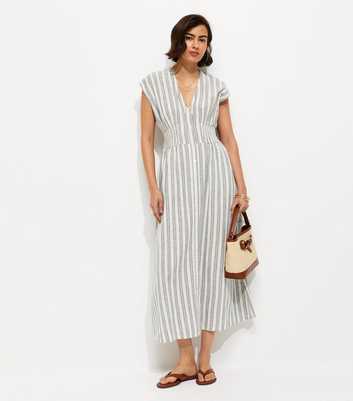 Blue Striped V-Neck Midi Dress
