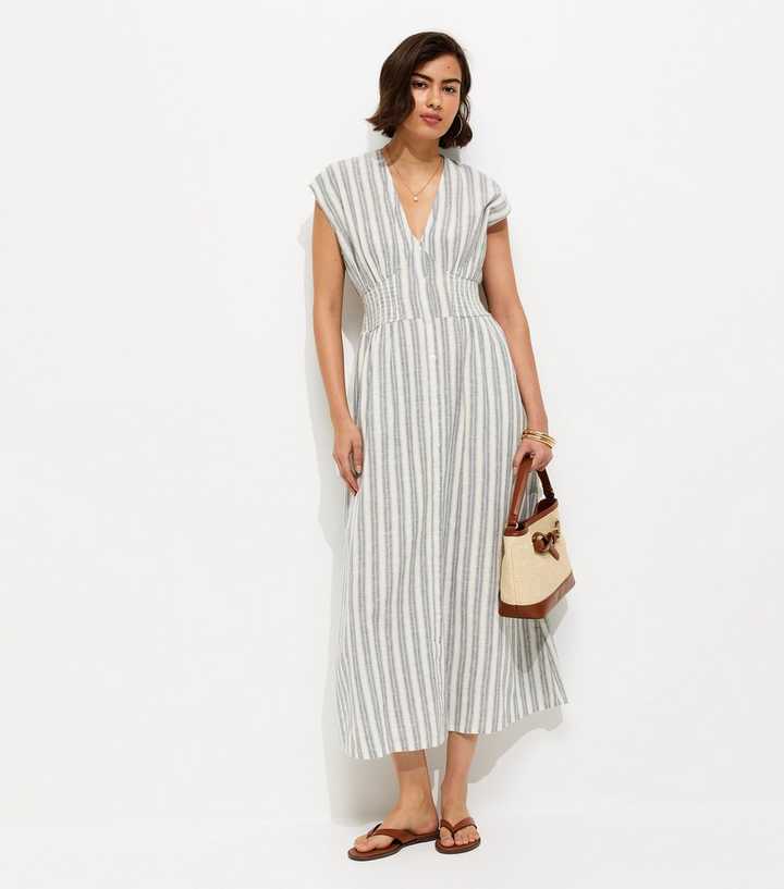 Blue Striped V-Neck Midi Dress