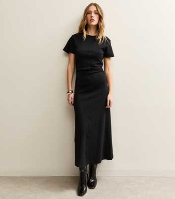 Black Shirred Side Jersey Midi Dress