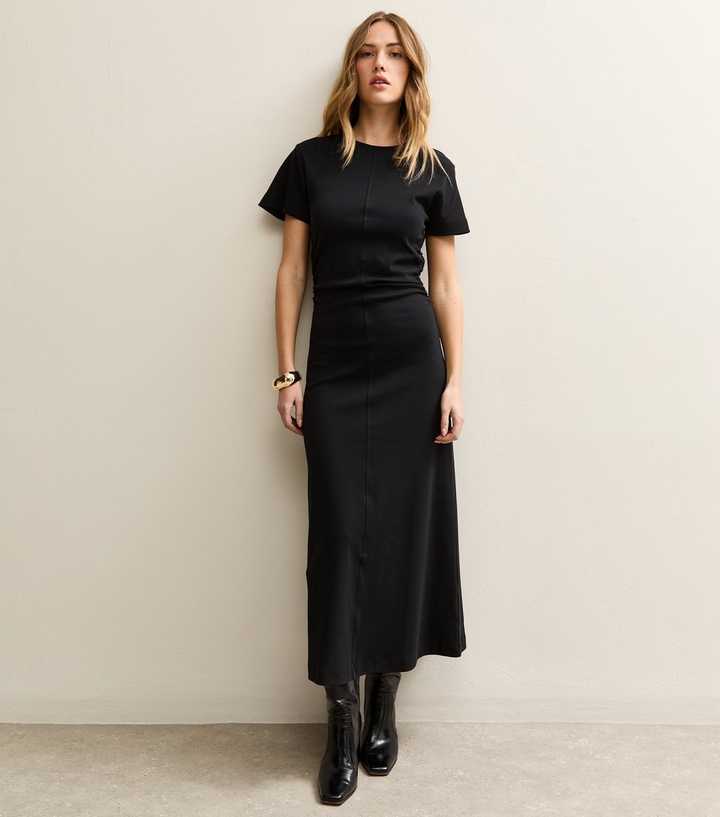 Black Shirred Side Jersey Midi Dress