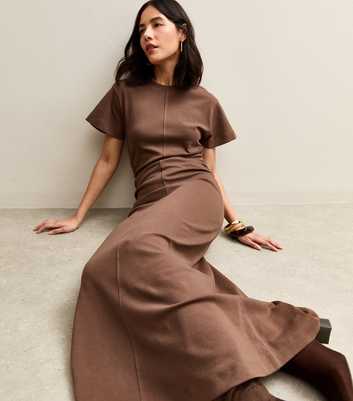 Brown Shirred Side Jersey Midi Dress