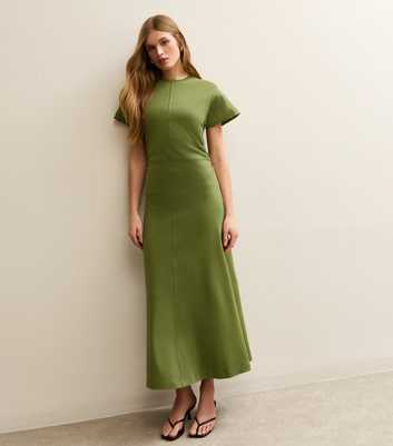 Dark Khaki Shirred Side Jersey Midi Dress