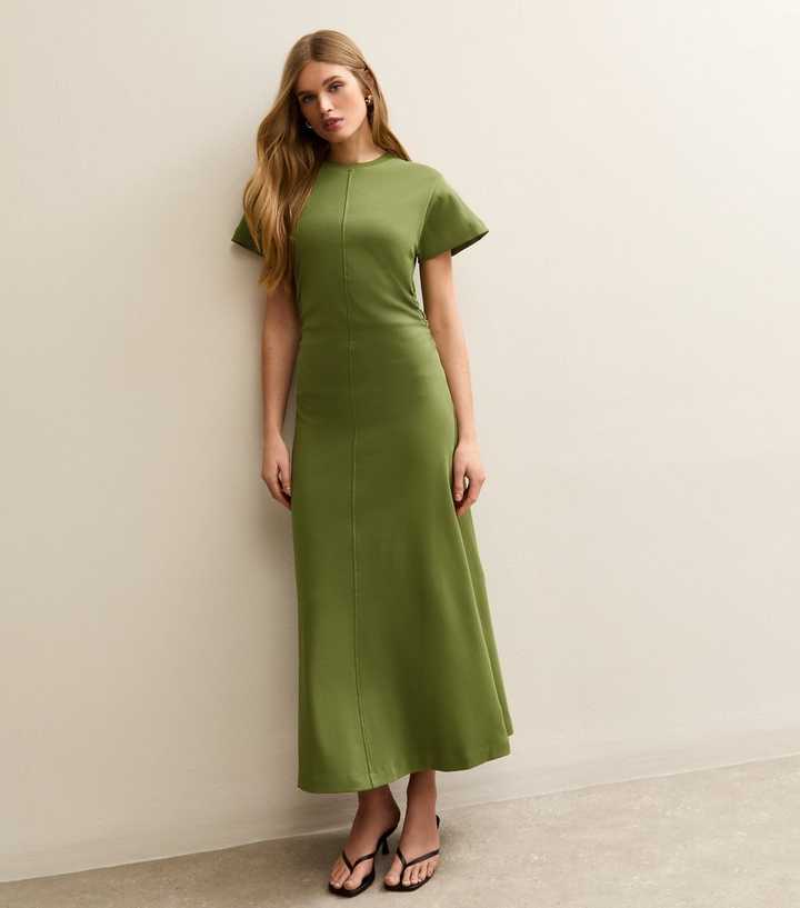 Dark Khaki Shirred Side Jersey Midi Dress