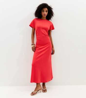 Dark Coral Shirred Side Jersey Midi Dress