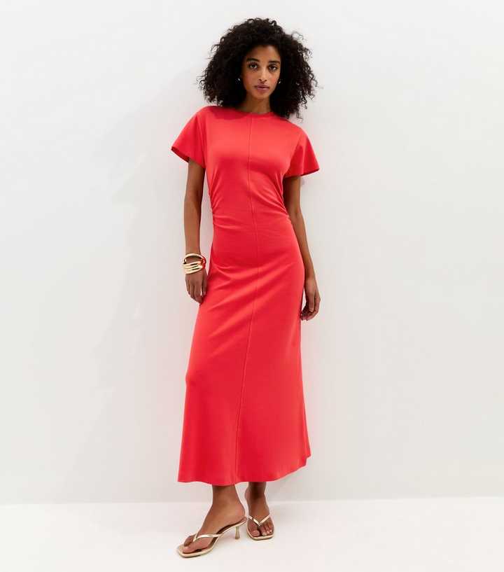 Dark Coral Shirred Side Jersey Midi Dress