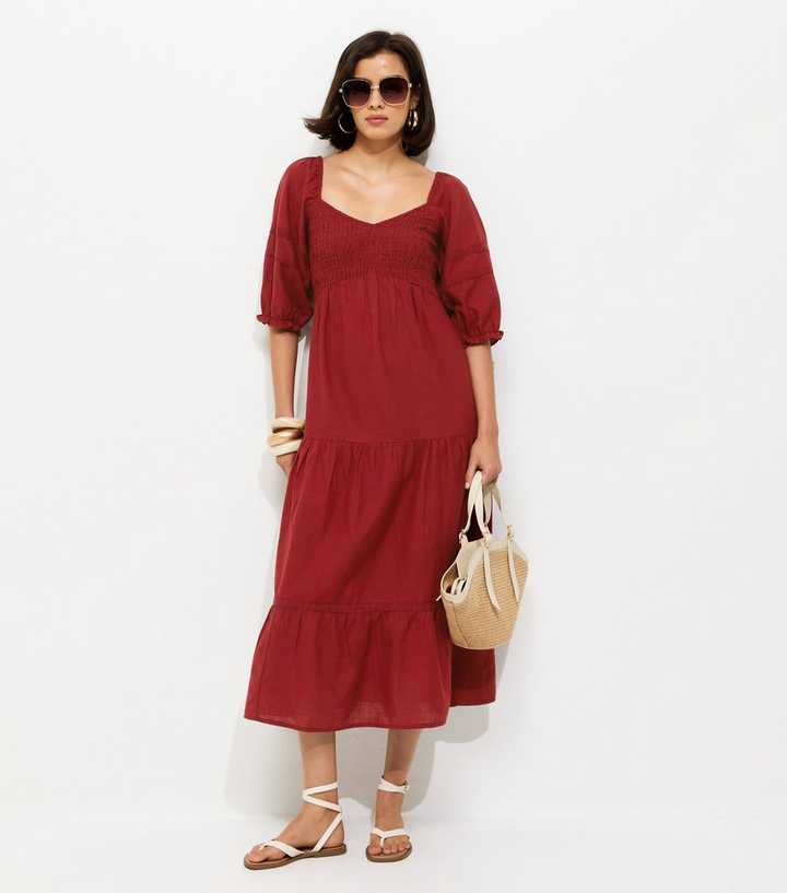 Red Shirred Milkmaid Midi Dress