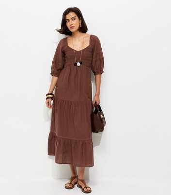 Dark Brown Shirred Milkmaid Midi Dress