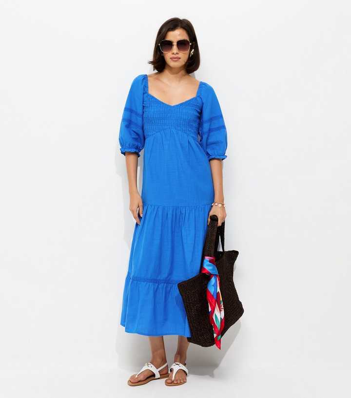 Bright Blue Shirred Milkmaid Midi Dress