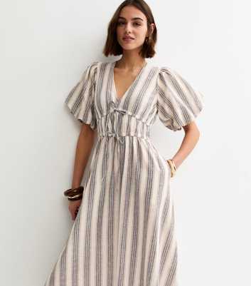 Cream and Blue Stripe Puff Sleeve Midi Dress