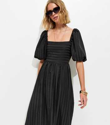 Black Puff Sleeve Striped Midi Dress