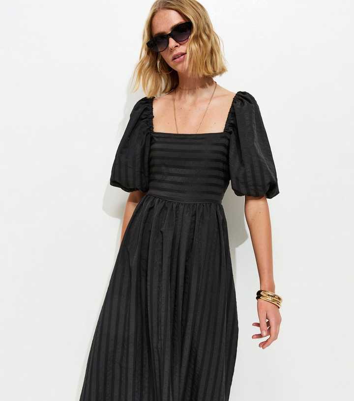 Black Puff Sleeve Striped Midi Dress