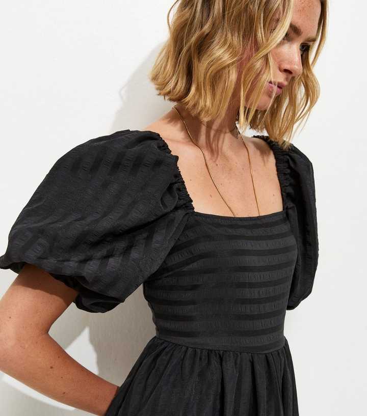 Black Puff Sleeve Striped Midi Dress | New Look