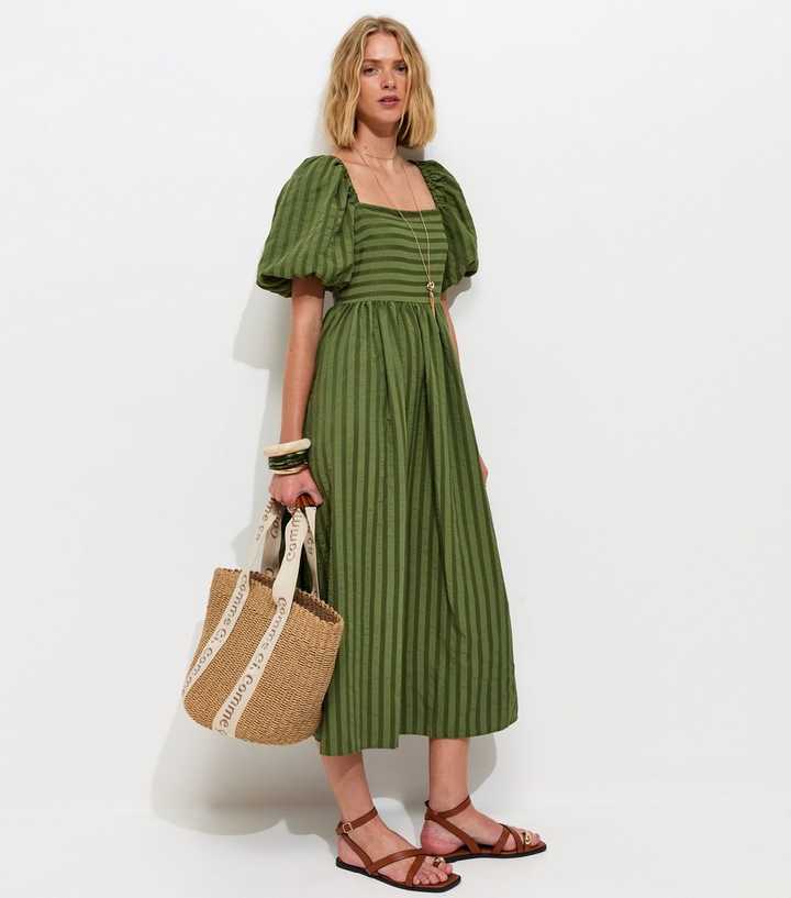 Khaki Puff Sleeve Striped Midi Dress
