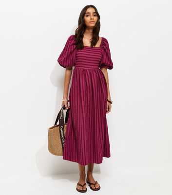 Dark Pink Puff Sleeve Striped Midi Dress