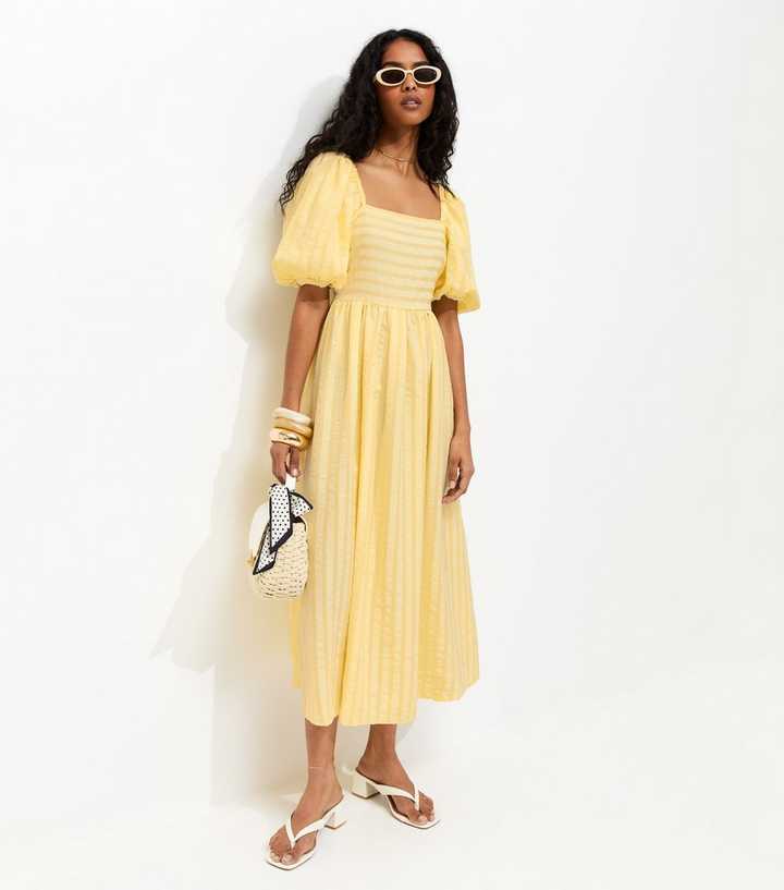 Light Yellow Puff Sleeve Striped Midi Dress