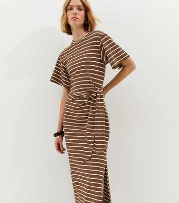 Brown Stripe Tie Waist Midi Dress