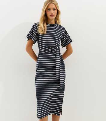 Blue Stripe Tie Waist Midi Dress