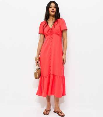 Dark Coral Button Through Tea Midi Dress