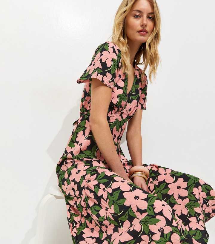 Tall Pink Crinkle Texture Floral Print Tiered Hem Midi Tea Dress
