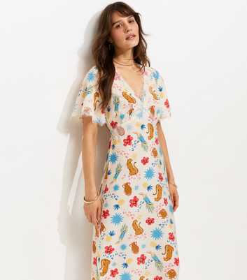 Tall Cream Leopard Print Lace Trim Midi Tea Dress