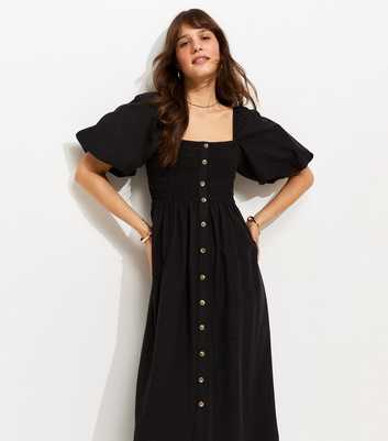 Tall Black Button Through Shirred Midi Dress