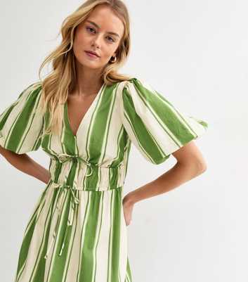 Tall Green Striped Puff Sleeve Midi Dress