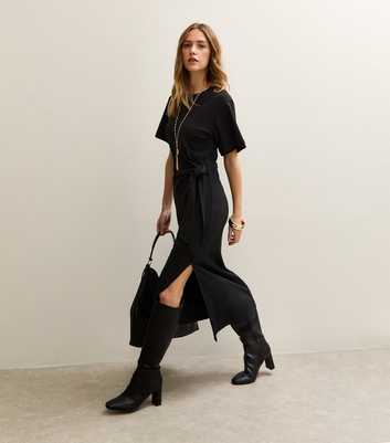 Black Jersey Tie Waist Midi Dress