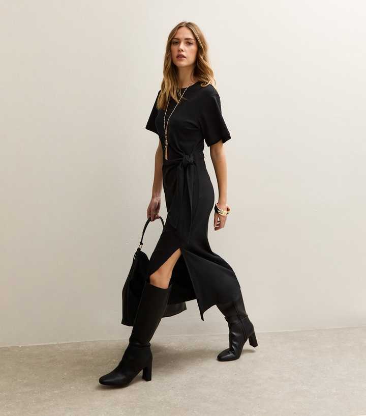 Black Jersey Tie Waist Midi Dress | New Look