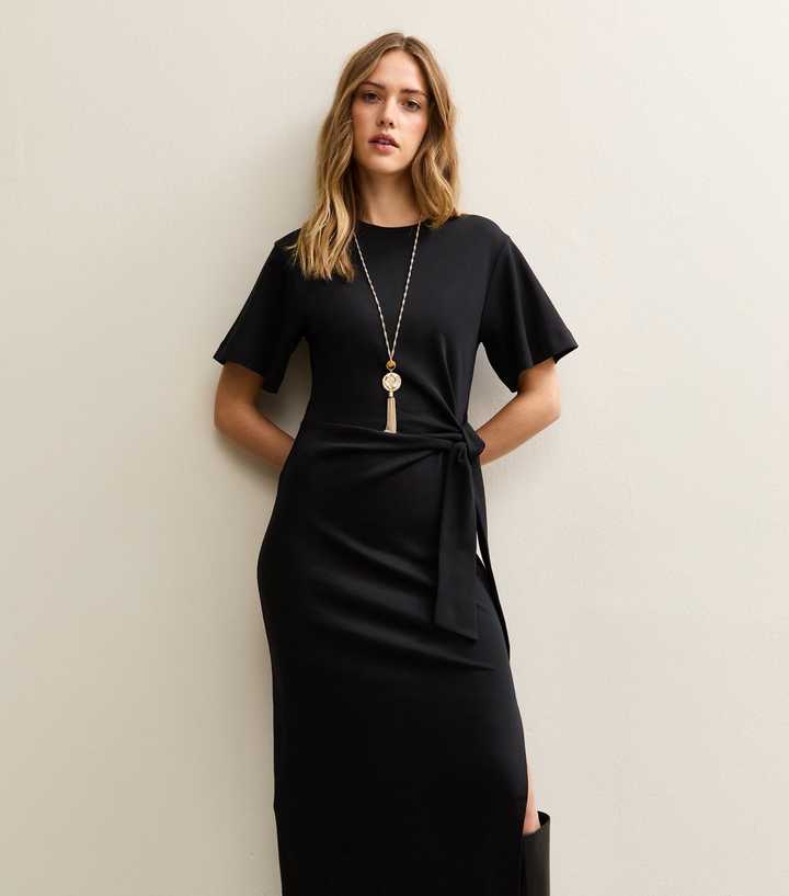 Black Jersey Tie Waist Midi Dress | New Look Black Jersey Tie Waist Midi Dress | New Look