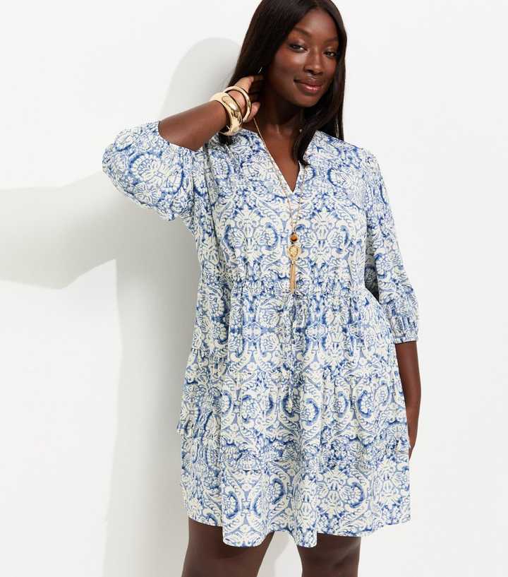 Curves Blue Printed Crepe Tiered Mini Dress