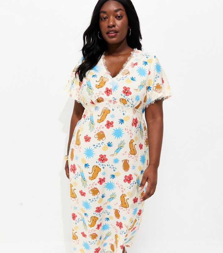 Curves Cream Animal Print Tea Midi Dress