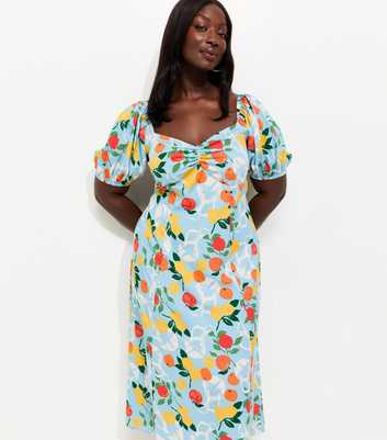 Curves Blue Fruit Print Crepe Midi Dress