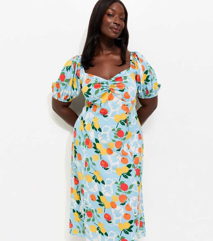 Curves Blue Fruit Print Crepe Midi Dress