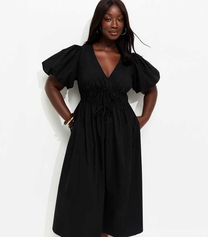 Curves Black Puff Sleeve Flared Midi Dress