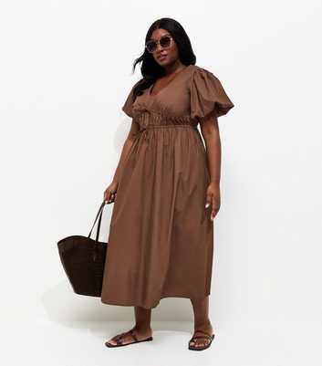 Curves Dark Brown Puff Sleeve Flared Midi Dress